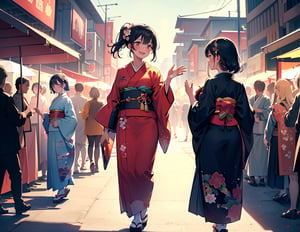 Masterpiece, Top Quality, High Definition, Artistic Composition, Several Girls, Kimono, Japanese Clothing, Walking and Talking, Smiling, Waving, Looking Away, People in Ethnic Clothing, Crowd, Festival, Western Style, Portrait, Looks Fun