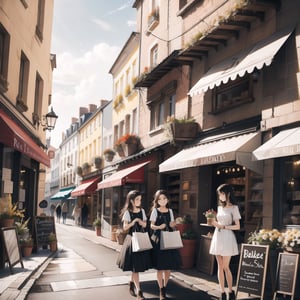 Masterpiece, Top Quality, High Definition, Artistic Composition, Two Girls, French Bakery, Shopping Inside, Old Building, Looking Away, Smiling, Casual Fashion, Bold Composition, High Contrast, Portrait