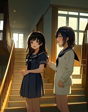 Masterpiece, Top Quality, High Definition, Artistic Composition, 2 Girls, High School Students, Sailor Uniform, School Uniform, Summer Uniform, Japanese School, In School Building, Conversing on Stairs, Smiling, Excited, Looking at Each Other, Composition from Below, Portrait, Feminine Gesture, Not in Line, Sitting, Standing, Low Saturation, Impressive Light,breakdomain,girl