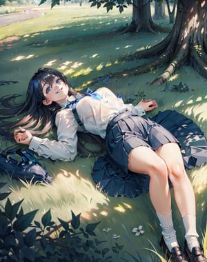 (masterpiece, top quality), high definition, artistic composition, one girl, sprawled out, lying on grass, smiling, sunlight filtering through trees, shadow of leaves, pleasant, wind blowing, white shirt, dark blue skirt, an aerial view, Dutch angle, white socks, looking away, staring at sky

