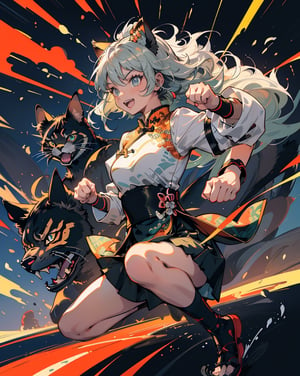 (masterpiece, top quality), high definition, artistic composition, 1 girl, Chinese dress with tortoiseshell cat pattern, mini skirt, Chinese martial arts, action pose, paw pose, cute, open mouth smile, greenish silver hair, blue eye shadow, image of giant angry cat in background, anime style, lively, from the side, looking away,