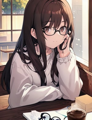 Masterpiece, top quality, 1 girl, round glasses, dark rimmed glasses, close-up of face, long shaggy hair, coffee shop, cheek rests on table, cup of coffee, Japan, plain clothes, window seat, high definition