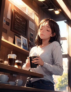 Masterpiece, Top Quality, High Definition, Artistic Composition, 1 girl, tearful, reading, coffee shop, window seat, coffee cup, handkerchief, light shining through, late afternoon, from below, eyes closed, looking up