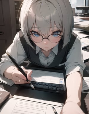 (masterpiece, top quality), high definition, artistic composition, 1 female, childlike, expressionless, large dark rimmed glasses, straight hair, bob cut, operating laptop, looking at me, sitting at desk, office, blue office vest, cutter shirt, somber, desk job, pen and slip on desk at work, 