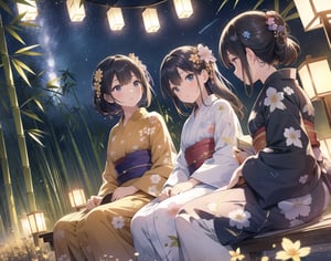 Masterpiece, Top quality, High definition, Artistic composition, 2 girls, yukata with floral pattern, sitting, looking away, talking, from below, starry sky, shooting star, Tanabata, night, bamboo branches, strips of paper, Japan, wide shot