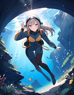 (masterpiece, top quality), high definition, artistic composition, 1 girl, retro diving suit, large glass helmet, underwater, exploring, beautiful seascape, striking light, underwater exploration