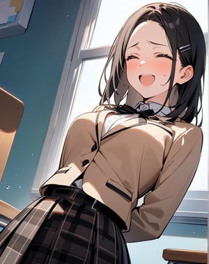 (masterpiece, top quality), high definition, artistic composition, 1 girl, high school student, beige blazer, black ribbon, red and black checked skirt, standing in front of window with hands behind her back, classroom, laughing, troubled, blushing, broad forehead, hairpin, something hidden behind body, portrait