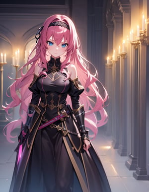 (masterpiece, top quality), high definition, artistic composition, 1 girl, pink wavy hair, hair band, slender jet black armor, blue eyes, from front, standing tall, sword in both hands, chin drawn, glaring, dungeon, dark, candle light, perspective, fantasy, mature