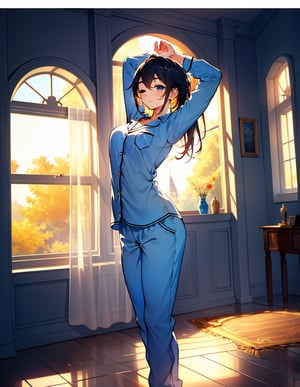 (masterpiece, top quality), high definition, artistic composition, one girl, standing tall, arched back, arms up, pajamas, eyes closed, pleasant, large window, facing window, morning, light shining, striking light, portrait, beautiful