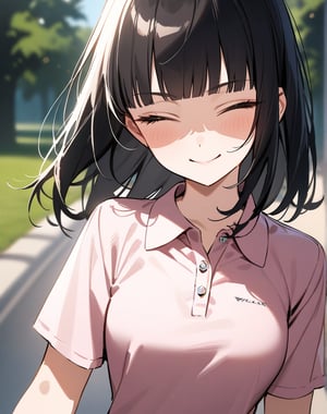 (masterpiece, top quality), high definition, artistic composition, 1 girl, dark hair, light pink polo shirt, from front, walking, blunt bangs, squinting and smiling, tilting head, girlish gesture, young lady, walk, portrait