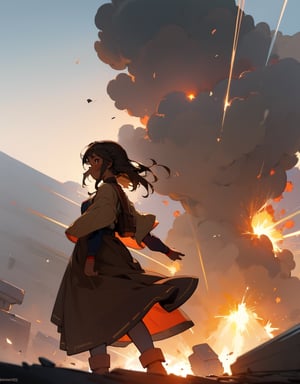 (masterpiece, top quality), high definition, artistic composition, 1 girl, brown skinned girl, dusky colored folk costume, looking away, battlefield, explosion behind, huge brown super robot fighting, bold composition,girl