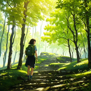 Masterpiece, top quality, high definition, artistic composition, 1 woman, picnic, trekking, backpack on back, mountain climbing style, fresh green, green trees, beautiful sunlight through trees, backlit, from below, smiling, smiling with mouth open, Dutch angle, bold composition, striking light, large walk, looking away