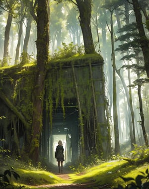 masterpiece, top quality, high definition, artistic composition, animation, deep mossy forest, 1 woman, researcher, investigating, in forest, open-mouthed, surprised, Chernobyl, ruins of nuclear power plant visible beyond forest, striking light, perspective, looking away