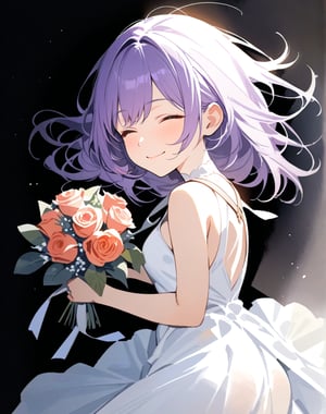 (masterpiece, top quality), high definition, artistic composition, 1 girl, Eyes closed, prone, smiling, holding rose bouquet in front of body with both hands, purple hair, tight white dress, shoulder straps, black background, spotlight from above, from front, watercolor, calm, clean