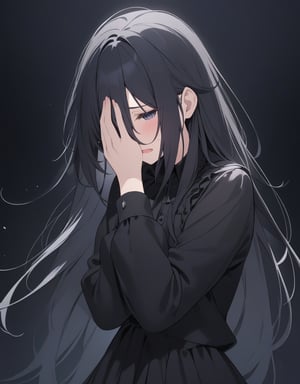 (masterpiece, top quality), high definition, artistic composition, 1 woman, crying, hand covering face, tears, screaming, black hair, long hair, hair disheveled, dramatic, somber clothing, dark background