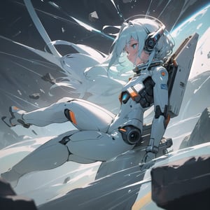 (masterpiece, top quality), high definition, artistic composition, 1 woman, white space suit, aboard a humanoid commuter with arms and legs, floating in space, from side, piloting, asteroid, many small rocks floating, from side, looking away, striking light, dark space, near future,