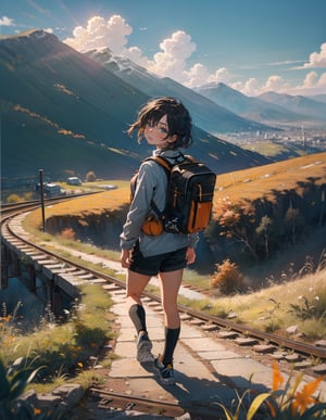 (masterpiece, top quality), high definition, artistic composition, one girl, jersey, shorts, trekking shoes, backpack on her back, walking on railroad tracks, hill, uphill, from front, long stretch of tracks, beautiful nature, cityscape in distance, autumn, bold composition