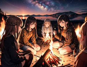 Masterpiece, top quality, high definition, artistic composition, realistic, several girls around one bonfire, (small bonfire), camping, fun, starry sky, nature