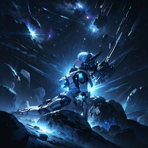 (masterpiece, top quality), high definition, artistic composition, 1 woman, white space suit, aboard a humanoid machine with arms and legs, open cockpit, floating in space, from side, piloting, asteroid, many small rocks floating, from side, looking away, striking light, dark space, near future, Dutch angle