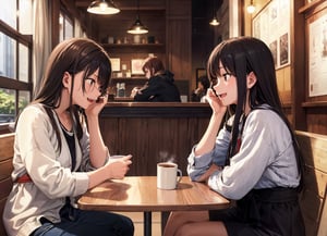 Masterpiece, top quality, high definition, artistic composition, 2 girls, sitting in coffee shop, talking, looking away, one angry, one laughing, portrait, students, Japan, one looking at phone