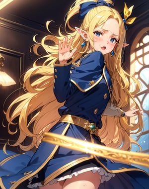 (masterpiece, top quality), high definition, artistic composition, 1 girl, elf, navy blue jacket, cream yellow shirt, gold earrings, blonde hair, long hair, big blue ribbon, disgusted face, scared, mouth open, face turned away, looking sideways, waving hands, fantasy, cartoon, from front, sweat
