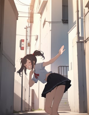 (Masterpiece, Top Quality), High Definition, Artistic Composition, 1 girl, twin-tail hair, childish, casual fashion, Skirt flipped up by hand, She is wearing shorts under her skirt, squinting and smiling, from front, from bottom, girlish gesture, school street, back alley

