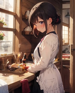 Masterpiece, Top Quality, High Definition, Artistic Composition, 1 girl, Embarrassed, Offering breakfast, Blushing, Apron, Japanese kitchen, Sweatshirt, Hair tucked back, Looking away, Morning, Portrait, Warm, 1960s,breakdomain
