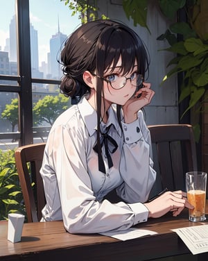 (masterpiece, top quality), high definition, artistic composition, 1 woman, cutter shirt, loose collar, hair tied back, cool glasses, open cafe, drinking water from an ice glass, taking a break, shady tree, urban landscape, summer, portrait, sweating, on table Handkerchief on table, taking a break at work, looking away