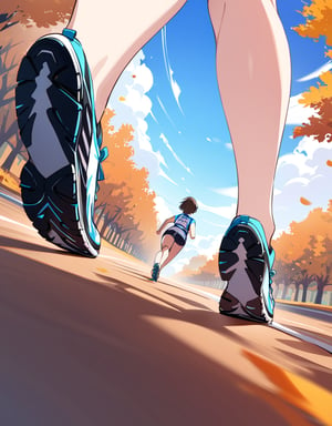 (masterpiece, top quality), high definition, artistic composition, 1 woman, marathon uniform, running shoes, running marathon, running, short hair, looking away, tree-lined street, fall, from below, emphasis on feet, bold composition, sense of speed, Dutch angle, motion blur, lively, perspective