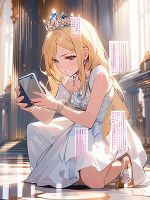 Masterpiece, Top Quality, 1 girl, (operating a smartphone:1.3), staring at smartphone, blonde hair, sweat, on one knee, clenching teeth, gorgeous white dress, tiara, in palace, beautiful light blooming, fantasy, high definition, artistic composition, hiding,masterpiece