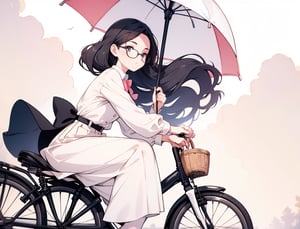 (masterpiece, top quality), high definition, artistic composition, 1 woman, round black rimmed glasses, neatly coiffed hair, light pink shirt, beige skirt, dark blue shoes, small white parasol, riding bicycle, retro bicycle with front basket, from side, looking away, suburban scene, portrait, lady, calm atmosphere