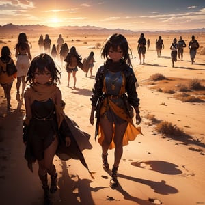 Masterpiece, Top Quality, High Definition, Artistic Composition, 1 girl, exotic clothing, desert inhabitants, wasteland, walking, Dutch angle, many people walking behind and following, dry earth, dust, sunlight directly above, high contrast, shimmer, bold composition, Africa