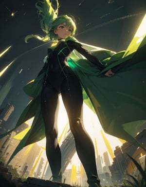 (masterpiece, top quality), high definition, artistic composition, 1 girl, green hero suit, cartoon, looking away, standing tall with arms stretched upward, powerful composition, from below, bold composition, emphasis on legs, large ball of light overhead, lively, Dutch angle, stretched back, in battle

