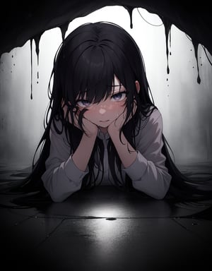 (Masterpiece, Top Quality), High Definition, Artistic Composition, 1 Woman, crying, hand covering face, tears, screaming, black hair, long hair, hair disheveled, dramatic, somber attire, dark background, face down