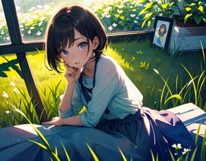  Masterpiece, Top Quality, High Definition, Artistic Composition, 1 girl, cheekbones, window seat, thinking, cute gesture,,Spring Coordinates, Portrait, Watercolor style young grass colored plant frame frame, pastel colors, from above, light shining through, striking, calm, dark hair, short cut,<lora:659111690174031528:1.0>