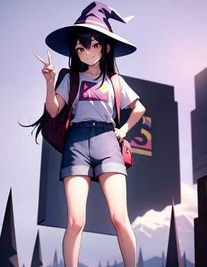 Masterpiece, Top Quality, High Definition, Artistic Composition,1 girl, wizard hat, smug face, printed shirt, standing tall, shorts, striped two-socks, sneakers, standing with legs spread, right hand on hip, left hand making peace sign, Schoolbag, meeting, purple sky, eerie background, from front, fantasy, black hair, red ribbon