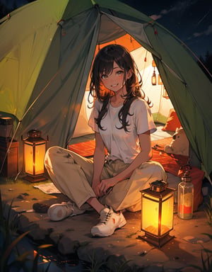 (masterpiece, top quality), high definition, artistic composition, 1 woman, long hair, camping, white shirt, khaki pants, in tent, sitting indian style, lantern light, from front, smiling, night