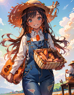 (masterpiece, top quality), high definition, artistic composition, 1 girl, smiling, harvesting sweet potatoes, denim overalls, beige innerwear, straw hat, sweet potato field, blue sky, nature, from below, sweet potato and vine in hand