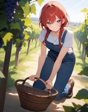 (masterpiece, top quality), high definition, artistic composition, 1 woman, vineyard, stooping, overalls, apron, woven basket, red hair, braids, blue eyes, smiling, striking light