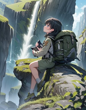 Masterpiece, Top Quality, High Definition, Artistic Composition, One Girl, Explorer, Khaki Climbing Clothing, Backpack, Looking Up, Map in Hand, Gorge Eroded by Huge Rocks, Huge Soaring Rock Wall, Dark Without Sunlight, (High, Narrow Waterfall), Mossy, Green, Impressive Light, Bold Composition, Below from, beautiful nature, narrow passage, small shrine, high contrast