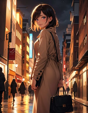 Masterpiece, top quality, high definition, artistic composition, 1 woman, walking, casual, beige coat, urban style, hands behind back, handbag, (looking away), (smiling), sad, saying goodbye, May Storm, night town, dramatic, side composition, cowboy shot, Dutch angle, backlighting, background blur