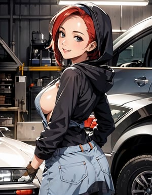 (masterpiece, top quality), high definition, artistic composition, 1 woman, dirty work clothes, gloves, holding wrench, working on car, mechanic, smiling, hood of car open, back, looking back at me, wiping forehead with back of hand, auto body shop