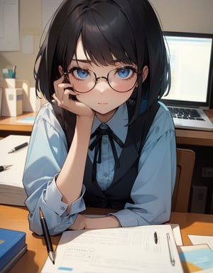 (masterpiece, top quality), high definition, artistic composition, 1 female, childlike, expressionless, large dark rimmed glasses, straight hair, bob cut, operating laptop, looking at me, sitting at desk, office, blue office vest, cutter shirt, somber, desk job, pen and slip on desk at work, 