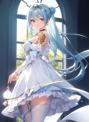 Masterpiece, Top Quality, 1 girl, gentle smile, body lit, white and blue dress, short skirt, white stockings, anime style fantasy, black and gold choker, red ribbon, light green hair, long hair, blue eyes, fair skin, fantasy, palace, large window behind, standing by window standing by window, hands together in front of body, light shows through clothing, green outside, blue sky, high definition, artistic angle, backlit, sexy, hair tied up, holding rod,masterpiece