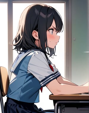 (masterpiece, top quality), high definition, artistic composition, 1 female, angry, staring at me, stupid hair, cute, young, sailor outfit, classroom, seated, hand tapping desk, blushing, from side, silly