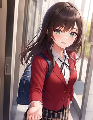 (Masterpiece, Top Quality), High Definition, Artistic Composition, 1 girl, red blazer, white shirt, black ribbon, green checked skirt, school uniform, school uniform, smiling, from front, holding school bag with both hands, smiling with narrowed eyes, schoolbag, schoolbag, portrait, spinning

