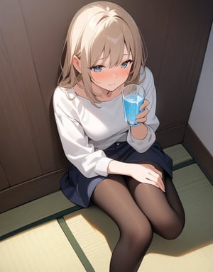 (masterpiece, top quality), high definition, artistic composition, 1 woman, sober casual fashion, pantyhose, sitting on tatami, leaning against wall, Extending the leg, looking sad, nose blush, looking away, holding a glass of water, from above
