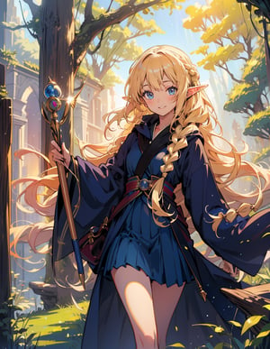 Masterpiece, Top quality, High definition, Artistic composition, One girl, Elf wizard, Navy blue robe, Khaki skirt, Magic wand made of wood, Long blonde hair, Hair in braids, Smiling, Posing, Meadow, Vigor