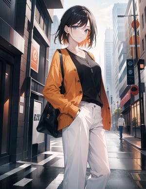 (Masterpiece, Top Quality), High Definition, Artistic Composition, 1 Woman, White Shirt, Saks Blue Wide Pants, Orange Cardigan, Black and White Street Scene, Casual Fashion, Portrait