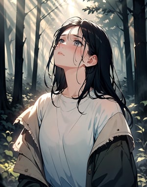 (masterpiece, top quality), high definition, artistic composition, 1 girl, dirty face, sad, tired, looking away, looking up to heaven, hand on shoulder, down on one knee, dirty, shabby clothes, shabby hair, deep in forest, light shining, striking light, spotlight on face, dramatic, high contrast, divine, beautiful nature